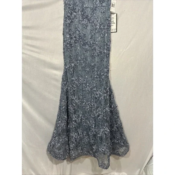 NWT $299 XSCAPE [ 4 ] Embellished Soutache Lace V-Neck Gown in Smoke Blue  #J2050 - threedaughtersproperties.com